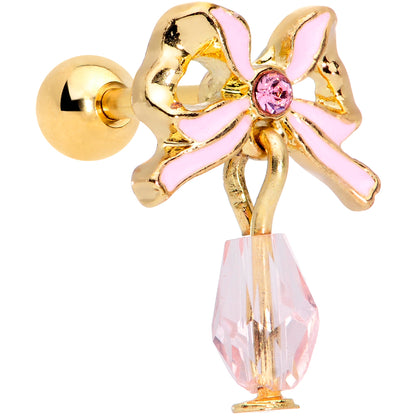 16G 1/4 Pink Gem Gold Tone Bow Dangle Cartilage Tragus Earring