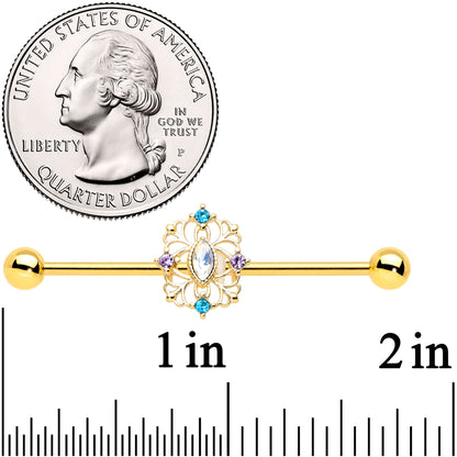 14G White Synthetic Opal Gold Tone Web Industrial Barbell 38mm
