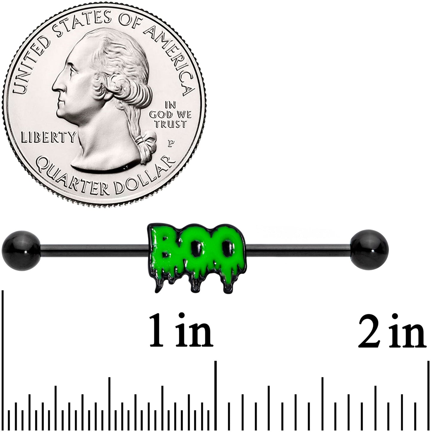 14G Black Green Spooky Boo Halloween Industrial Barbell 38mm