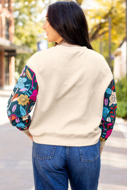 Floral Sleeve Textured Knit Drop Shoulder Top