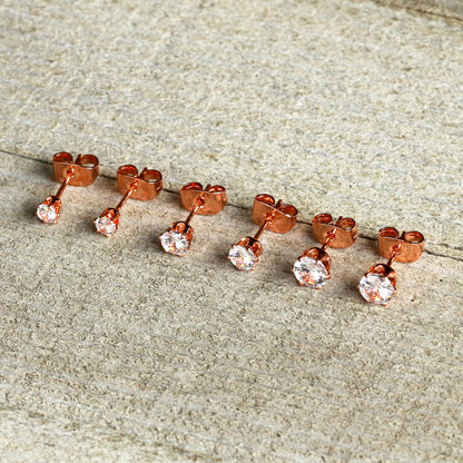 20G Clear CZ Gem Rose Gold Tone Post Stud Earring Set of 3