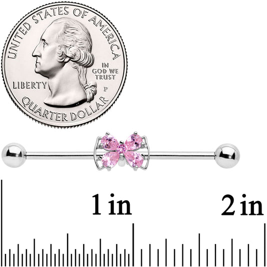 14G Pink CZ Gem Beauty Bow Industrial Barbell 38mm