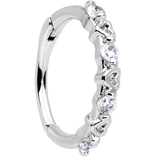 16G 3/8 Clear CZ Gem Little Hearts Valentine Hinged Segment Ring