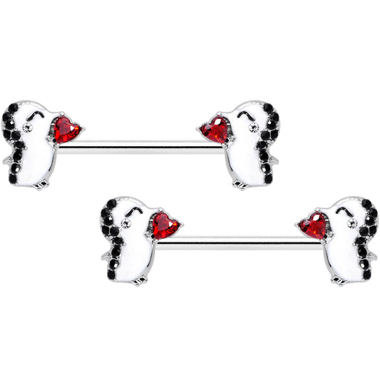 14G 5/8 Red Gem Penguin Heart Valentine Barbell Nipple Ring Set