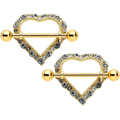14G 9/16 Clear Gem Gold Tone Heart Valentines Nipple Shield Set