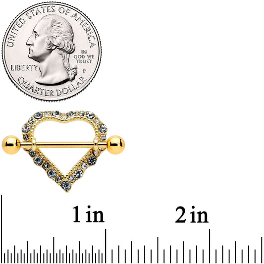 14G 9/16 Clear Gem Gold Tone Heart Valentines Nipple Shield Set