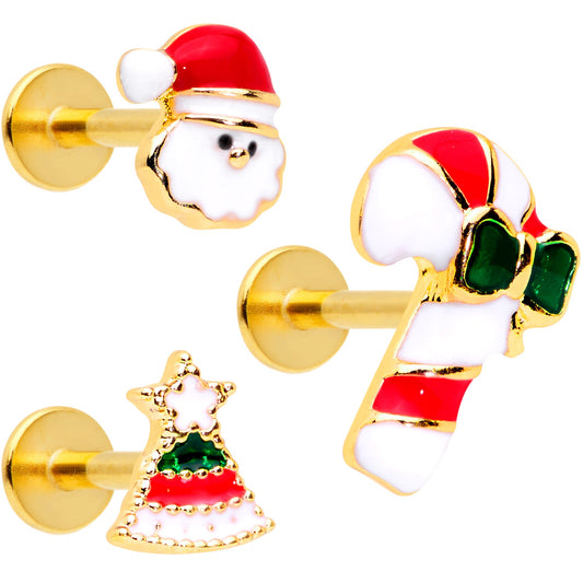 16G 5/16 Gold Tone Candy Cane Santa Tree Labret Tragus Set of 3