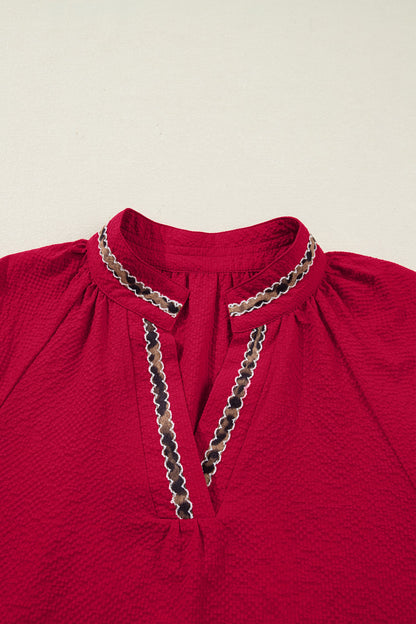 Leopard Contrast Trim V-Neck Long Sleeve Blouse