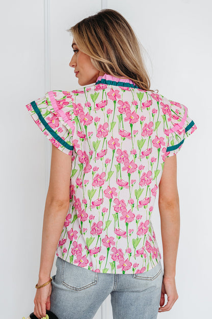 Contrast Trim V-Neck Ruffle Short Sleeve Blouse