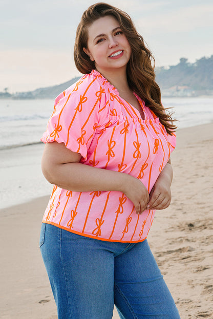 Plus Size Bowknot Shirred V-Neck Blouse