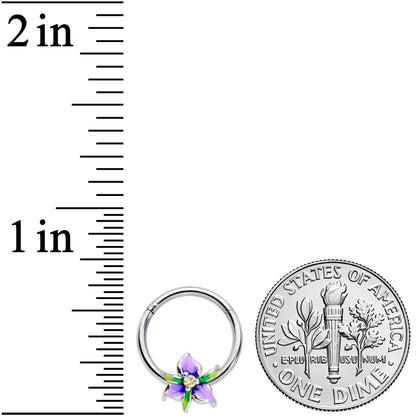 16G 3/8 Clear Gem Purple Iris Flower Hinged Segment Ring