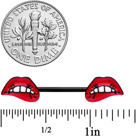 14G 9/16 Black Red Sneering Bite Lips Barbell Nipple Ring Set