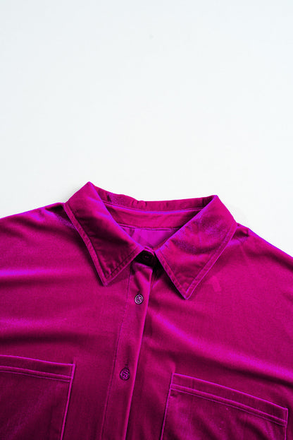 Plus Size Velvet Button-Up Pocketed Drop Shoulder Shirt