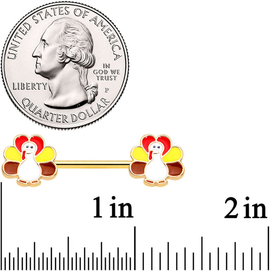 14G 9/16 Gold Tone Turkey Thanksgiving Barbell Nipple Ring Set
