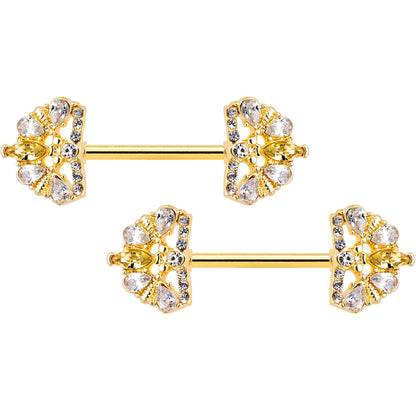 14G 9/16 Clear CZ Gem Gold Tone Lavish Crown Nipple Ring Set