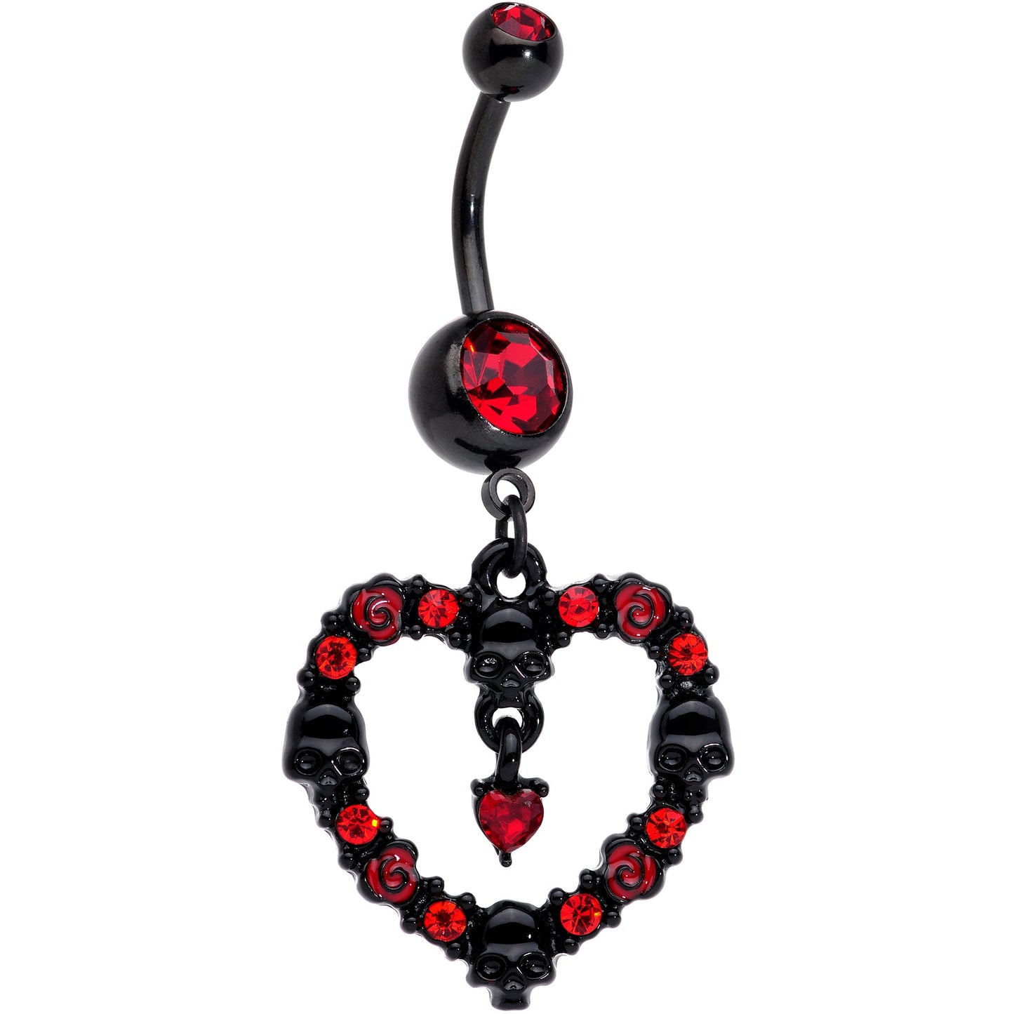 Red CZ Gem Black Skull Heart Halloween Dangle Belly Ring
