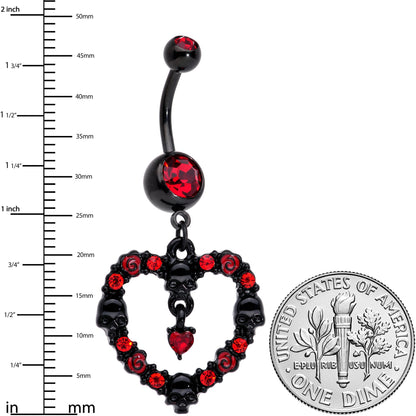 Red CZ Gem Black Skull Heart Halloween Dangle Belly Ring
