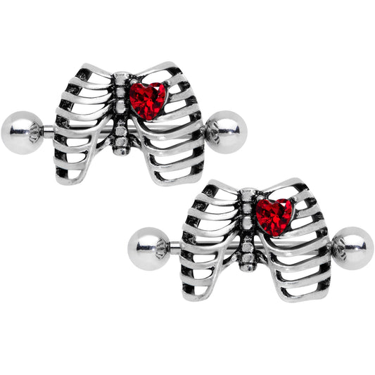 14G 9/16 Red CZ Gem Heart Skeleton Halloween Nipple Shield Set