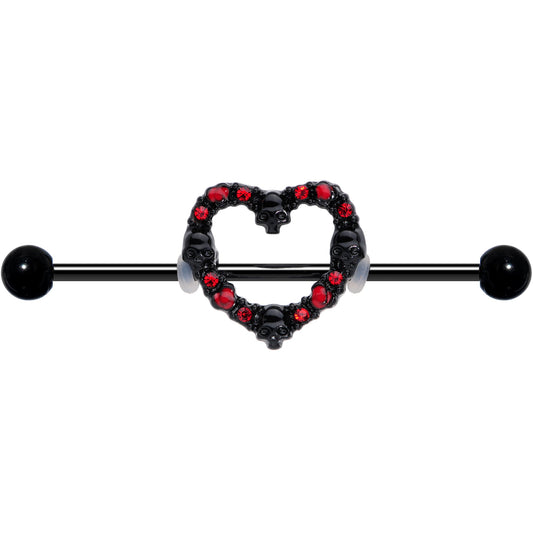 14G Red CZ Gem Black Skull Heart Halloween Industrial Barbell 38mm