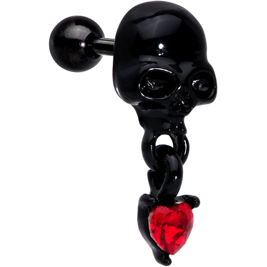 16G 1/4 Red CZ Gem Heart Black Skull Halloween Cartilage Earring