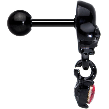 16G 1/4 Red CZ Gem Heart Black Skull Halloween Cartilage Earring