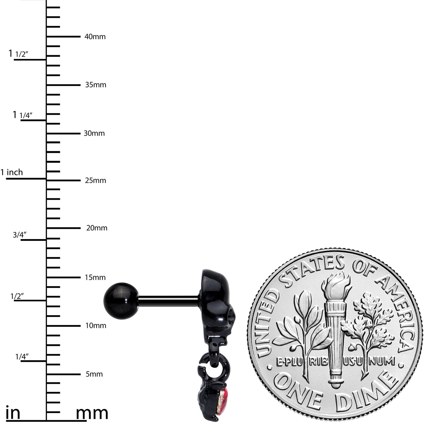 16G 1/4 Red CZ Gem Heart Black Skull Halloween Cartilage Earring