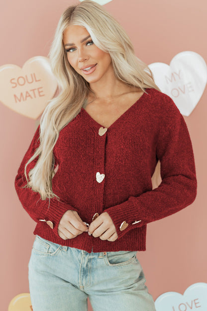 Heart Metal Button V-Neck Knit Cardigan