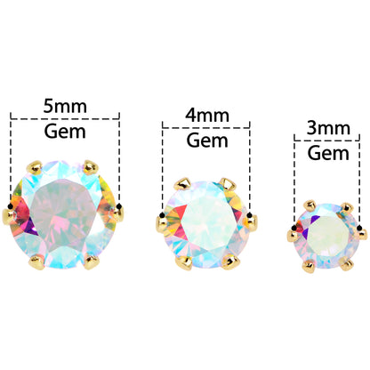 20G Aurora CZ Gem Gold Tone 3mm to 5mm Post Stud Earring Set of 3
