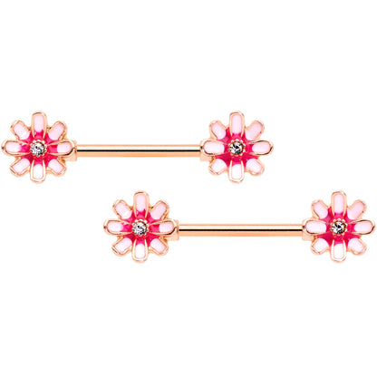 14G 5/8 Clear Gem Rose Gold Tone Pink Flower Nipple Ring Set