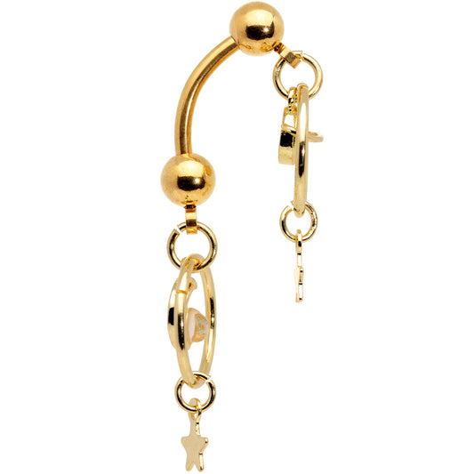 White Synthetic Opal Gold Tone Saturn Moon Double Mount Belly Ring