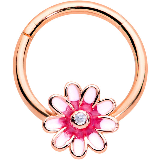 16G 3/8 Clear Gem Rose Gold Tone Pink Flower Hinged Segment Ring
