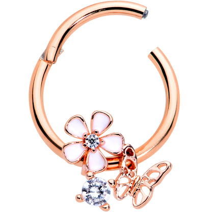 16G 3/8 Clear CZ Gem Rose Gold Tone Butterfly Flower Segment Ring