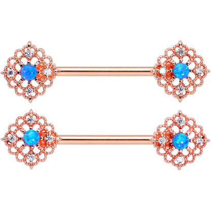 14G 9/16 Blue Synthetic Opal Rose Gold Tone Lacy Nipple Ring Set