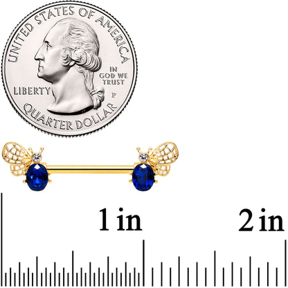 14G 9/16 Blue Gem Gold Tone Beautiful Bee Barbell Nipple Ring Set