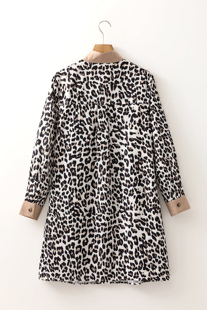 Leopard Stripe Collar Half Buttoned Flared Dress
