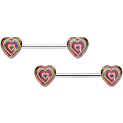 14G 9/16 Rainbow Tie Dye Heart Valentines Day Nipple Ring Set