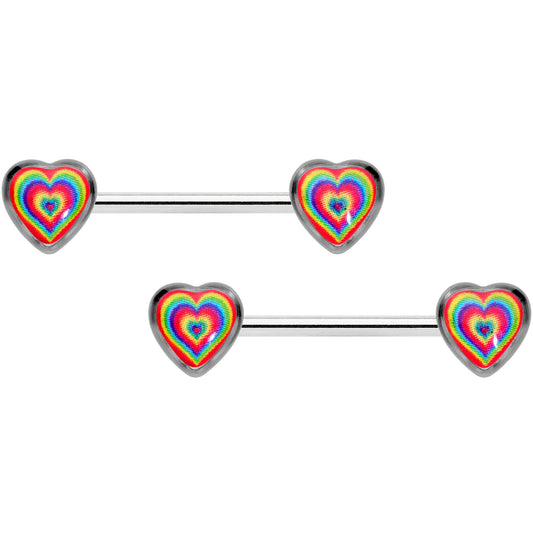 14G 9/16 Rainbow Tie Dye Heart Valentines Day Nipple Ring Set