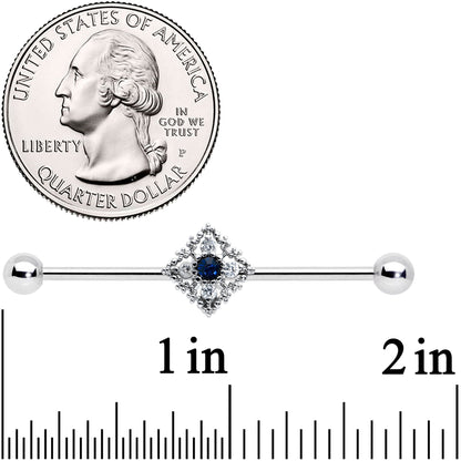 14G Clear Blue Gem Textured Rhombus Cross Industrial Barbell 38mm