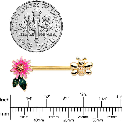 14G 1/2 Gold Tone Pink Flower Bee Barbell Nipple Ring Set
