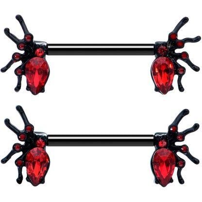 14G Red Gem Black Creep Spider Halloween Barbell Nipple Ring Set