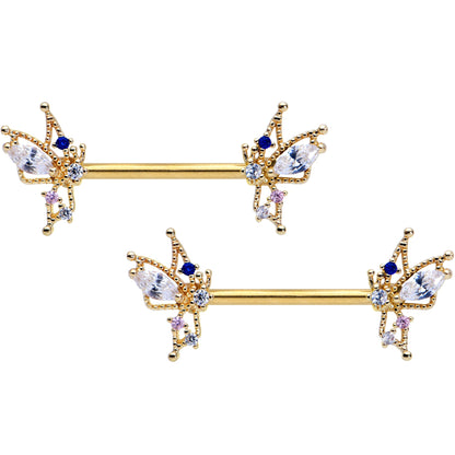 14G 9/16 Clear CZ Gem Gold Tone Christmas Angel Nipple Ring Set