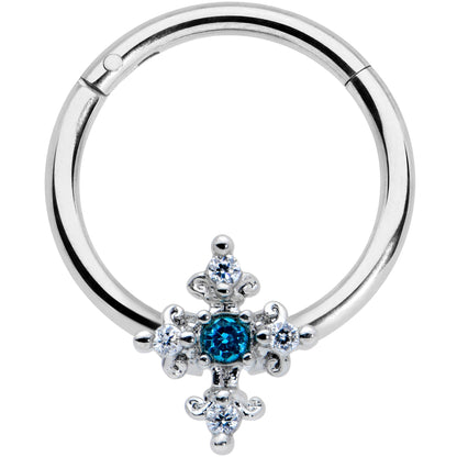 16G 3/8 Clear Blue Gem Renaissance Cross Hinged Segment Ring