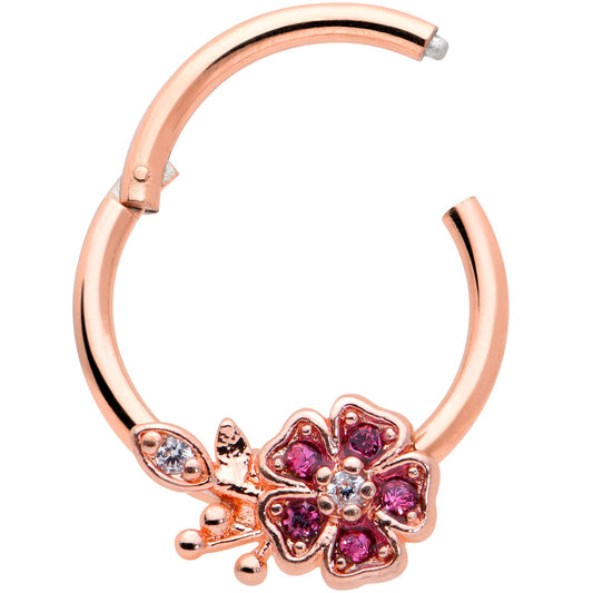 16G 3/8 Pink Gem Rose Gold Tone Heart Flower Hinged Segment Ring