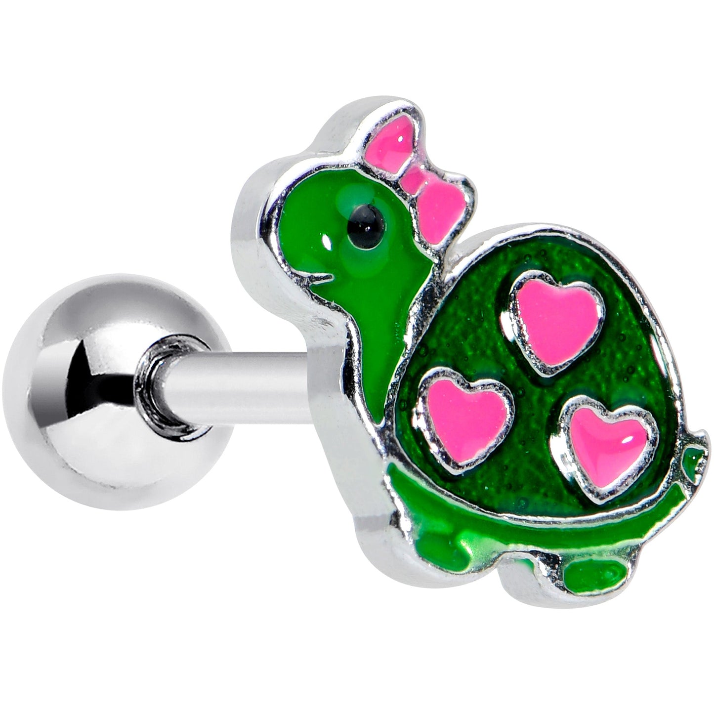 16G 1/4 Pink Hearts Bow Green Turtle Cartilage Tragus Earring