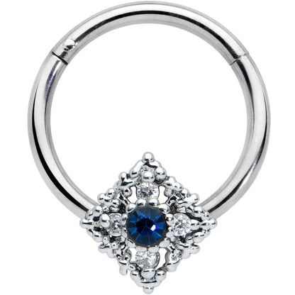 16G 3/8 Clear Blue Gem Textured Rhombus Cross Hinged Segment Ring