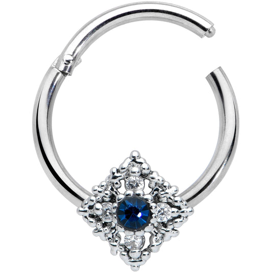 16G 3/8 Clear Blue Gem Textured Rhombus Cross Hinged Segment Ring