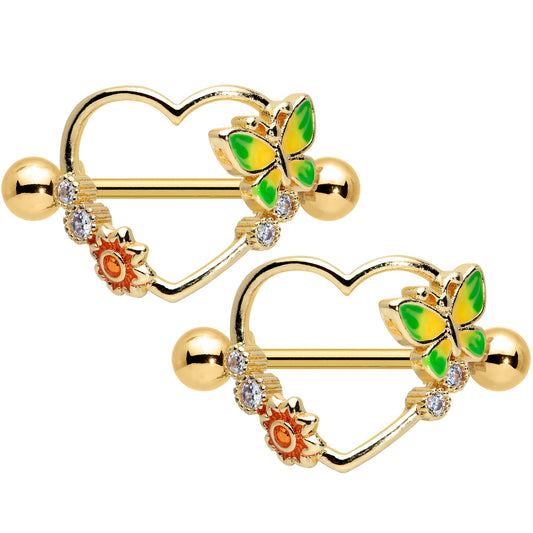 14G 9/16 Clear CZ Gem Gold Tone Butterfly Heart Nipple Shield Set