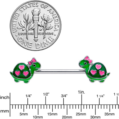 14G 9/16 Green Pink Bow Heart Turtle Barbell Nipple Ring Set