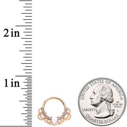 16G 3/8 White Faux Opal Rose Gold Tone Lace Hinged Segment Ring