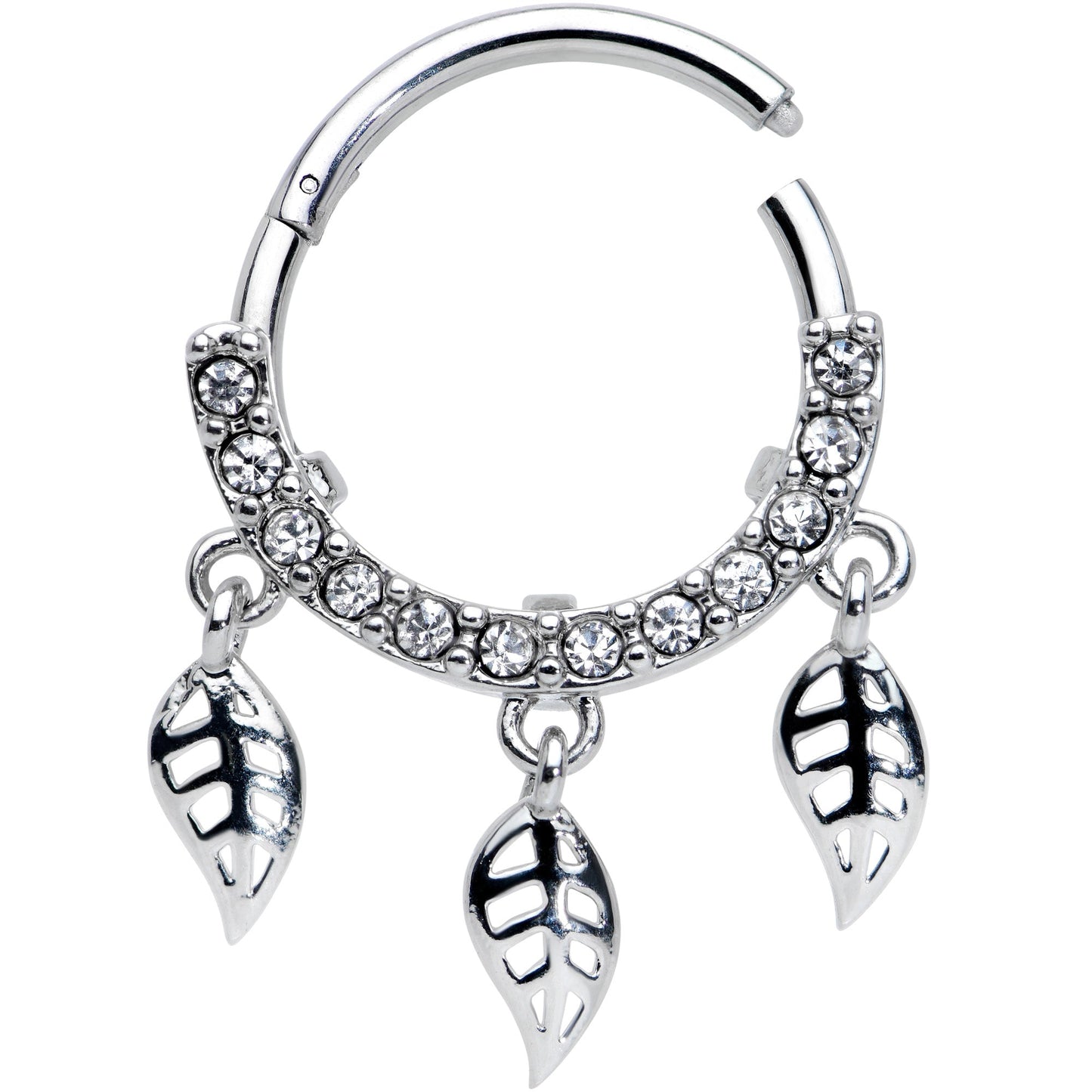 16G 3/8 Clear Gem Open Leaf Dangle Hinged Segment Ring